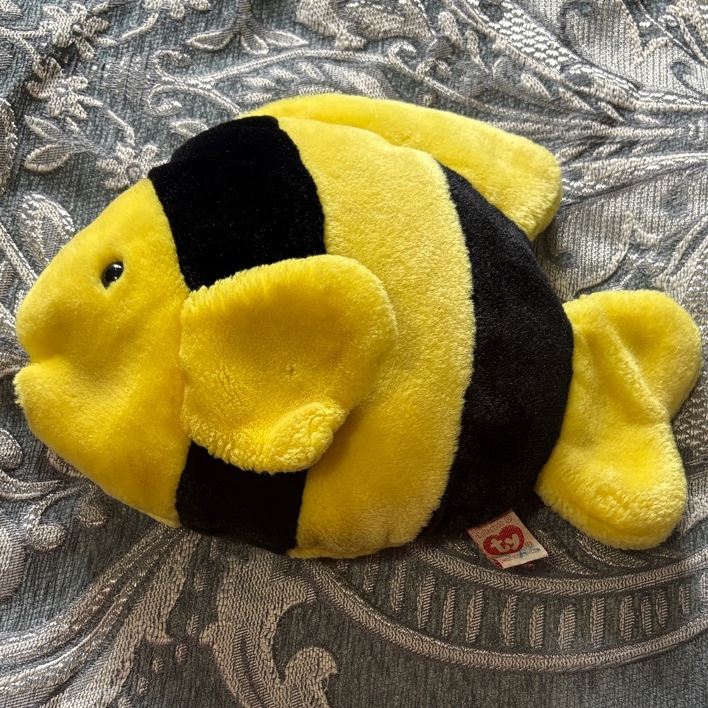 Vintage Ty Beanie Buddies Yellow Black Fish Bubbles Plush 8" Stuffed Animal 1998